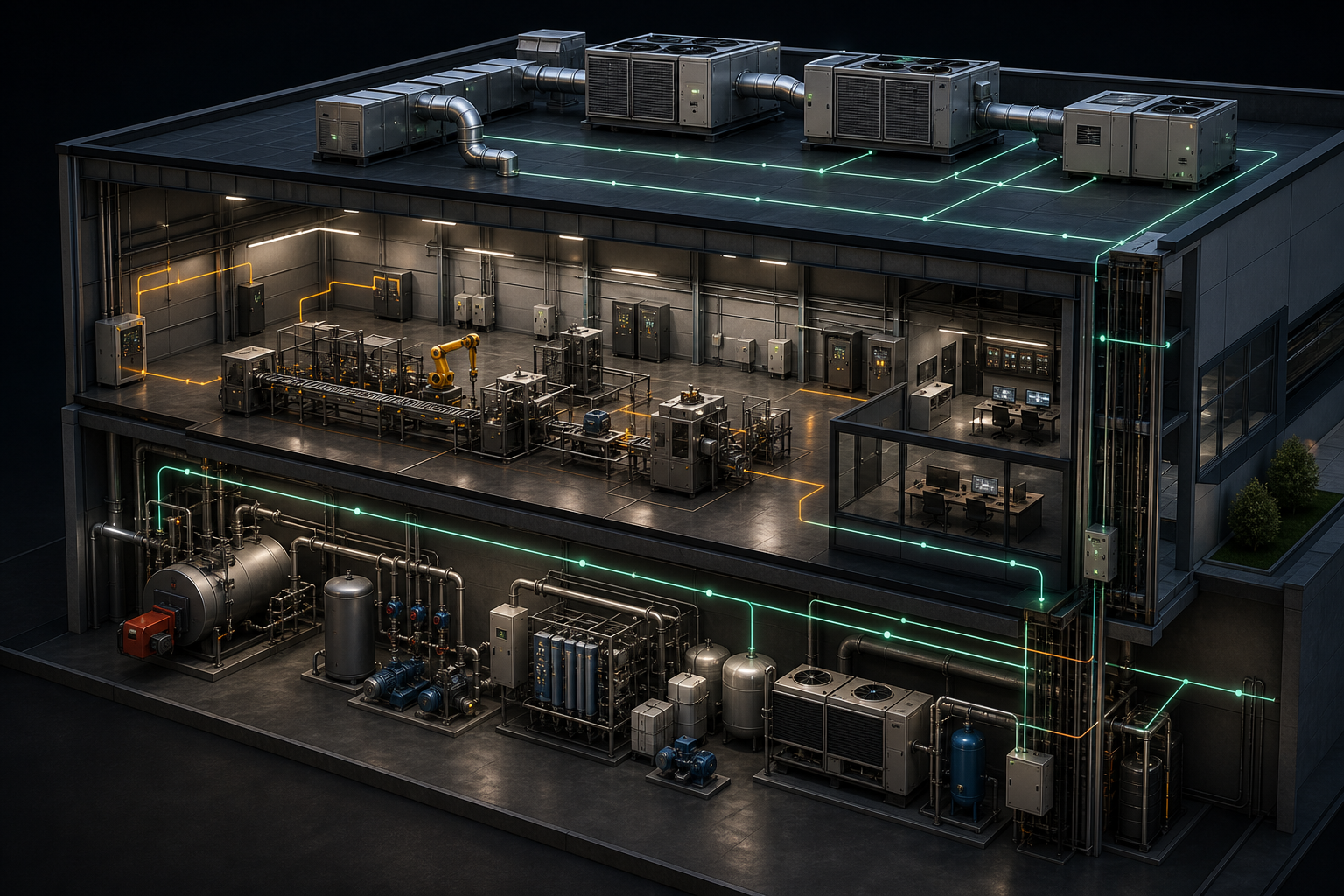Industrielle Halle mit Produktionsprozess, Kellertechnik, Dachlüftung, Wasseraufbereitung, Kühlung, Heizung und vernetzbarer Gebäudeautomation