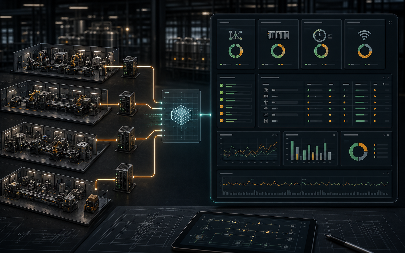 Gekoppelte Anlagen- und Linienstruktur mit exemplarischer ISEU-Dashboard-Übersicht für Status, Kommunikation, Assets und Trends